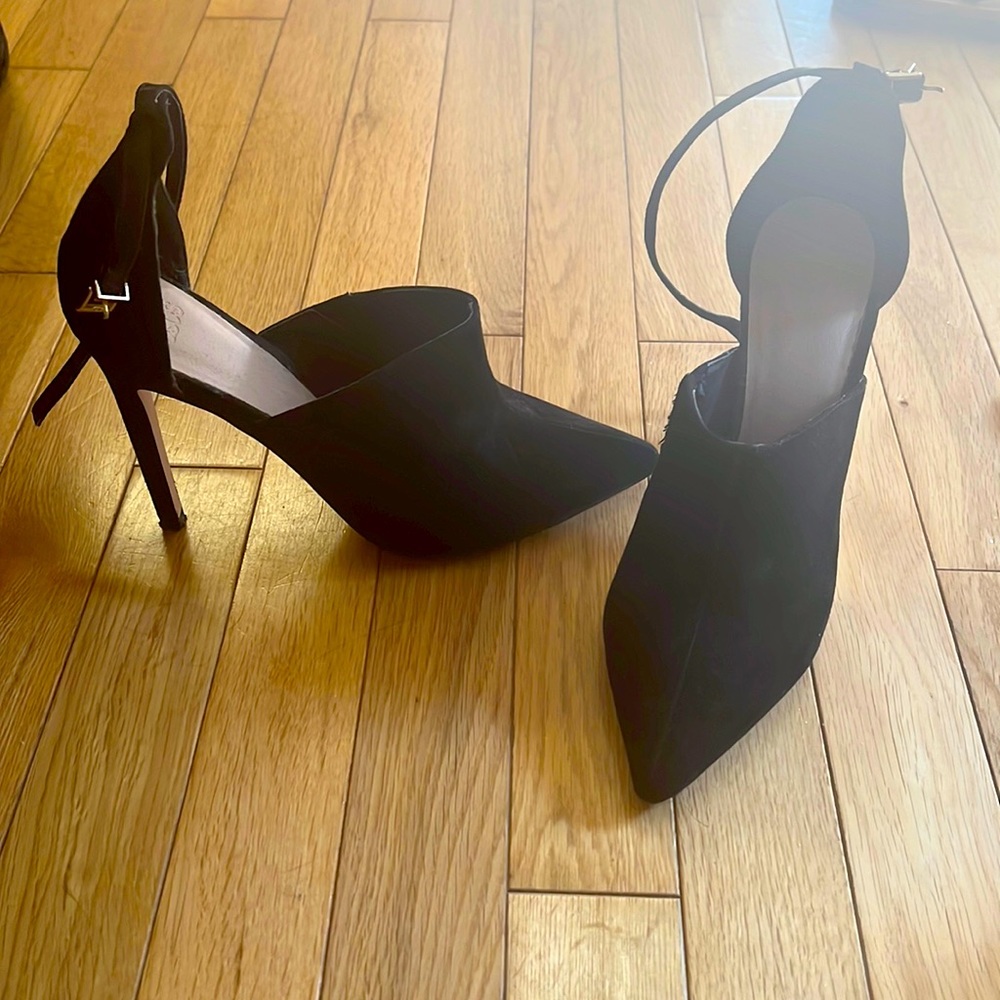 ASOS Black Pointed Toe Suede Ankle Strap Heels